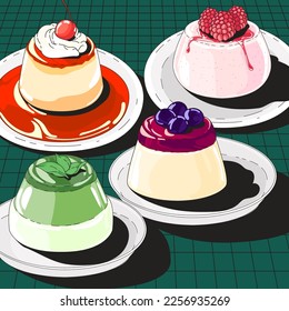 
Un pudín japonés con crema. Ilustración vectorial plana en estilo de dibujos animados.