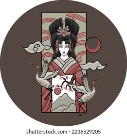 japanese queen and bird illustration style