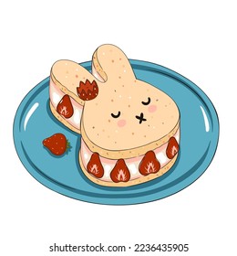 Japanese rabbit face sandwich with strawberry isolated on white background. Vector graphics.