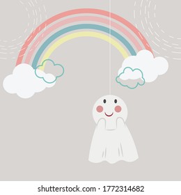 muñeca de lluvia japonesa con ilustraciones vectoriales de arcoiris, dibujos animados pastel. Tira de dibujos animados de la muñeca de lluvia japonesa Teru-teru-bozu.