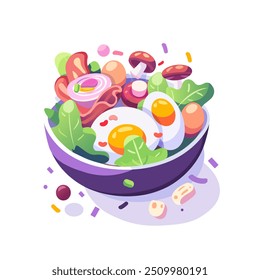 Japanese Ramen cartoon vector illustration on background. Hot white noodle soup with vegetable in Chinese bowl and spoons on white background, vector illustration