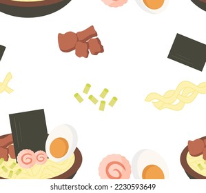 Japanese ramen dish. Seamless pattern in vector. Ingredients. Asian food.