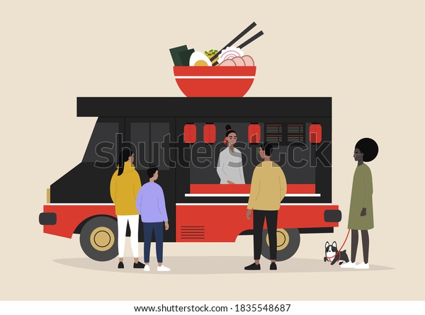 A Japanese ramen food truck, people\
ordering and waiting their takeaway\
food