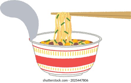 Japanese ramen instant cup noodles with chopsticks. Japanese convenience store food. Asian food balls.