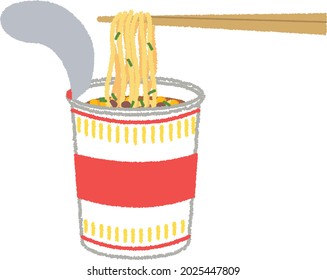 Fideos de taza instantánea de ramen japonés con palillos. Tienda de comida japonesa. Bolas de comida asiáticas.