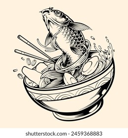 Japanese Ramen Koi line art