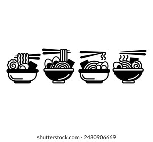 japanese ramen noodle bowl with chopsticks icons vector design black white color illustration collection sets isolated