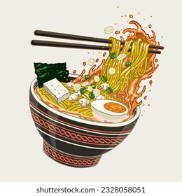 Japanese Ramen Noodle in Bowl in hand drawn style