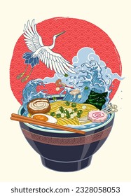 Japanese Ramen Noodle in Bowl in Vintage Old Japan Painting Style