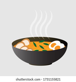 Japanese ramen noodle with chicken and egg in black bowl. Vector illustration.