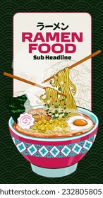 Japanese Ramen Noodle Design for Social Media Post Template, Japanese Script Means Ramen