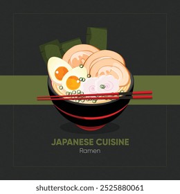 Ilustración de fideos ramen japoneses. Vector plano aislado de alimentos. Sopa de fideos sabrosa y abundante.