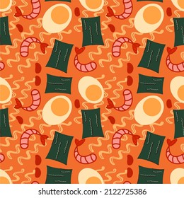 Japanese ramen noodle soup with seaweed, shrimp and eggs. Vector seamless pattern. Asian cuisine, ramen. Flat design, cartoon.