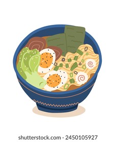 Japanese Ramen noodle soup. Vector illustration of soup in a blue plate for menu, cafe, advertising

