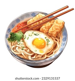 japanese ramen noodle udon soba soup with egg and inari tofu in watercolor