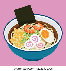 Japanese ramen noodles egg shrimps