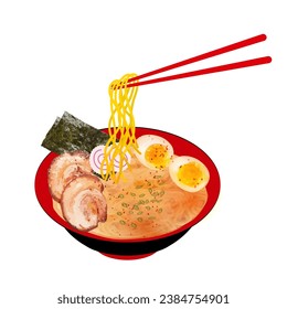 Fideos de ramen japoneses En un tazón rojo y palillos que están recogiendo fideos