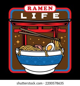 Japanese ramen noodles soup bowl vector icon illustration with vintage retro flat style. Asian Japanese traditional food cuisine. Clip art, t-shirt, menu, poster, print, banner