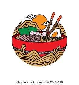 Japanese ramen noodles soup bowl vector icon illustration with vintage retro flat style. Asian Japanese traditional food cuisine. Clip art, t-shirt, menu, poster, print, banner