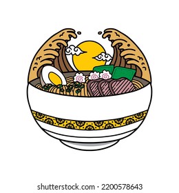 Japanische Ramen Nudeln Suppe Schüssel Vektorsymbol Illustration mit Vintage Retro-Stil. Die traditionelle japanische Küche ist asiatisch. Videokunst, T-Shirt, Menü, Poster, Druck, Banner