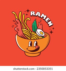 Japanese ramen noodles soup bowl vector icon illustration with vintage retro flat style. Asian Japanese traditional food cuisine. perfect for Logo, Clip art, t-shirt, menu, poster, print, banner