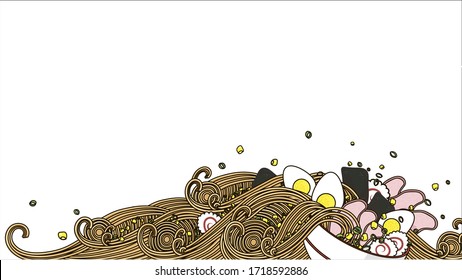 Japanese ramen noodles soup with egg, pork, nori, onion, corn. Traditional asian food. Illustration with free space