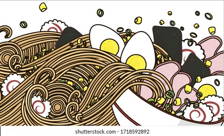 Japanese ramen noodles soup with egg, pork, nori, onion, corn. Asian food. illustration for web