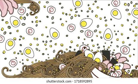Japanese ramen noodles soup with egg, pork, nori, onion, corn. Flat vector background
