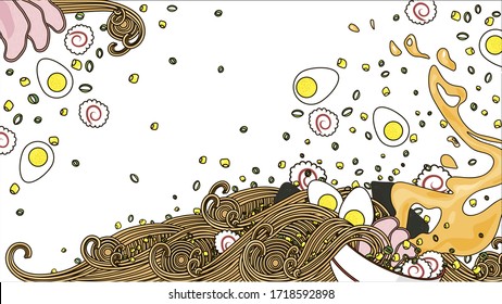 Japanese ramen noodles soup with egg, pork, nori, onion, corn, sauce. Asian food.Colorful Illustration 