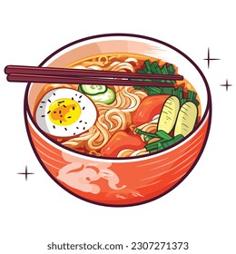 Japanese ramen noodles soup with eggs and meatballs on bowl and chopstick asian meal illustration vector isolated background