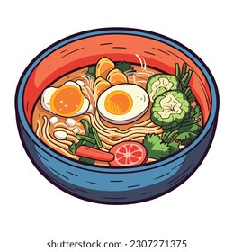 Japanese ramen noodles soup with eggs and meatballs on bowl and chopstick asian meal illustration vector isolated background