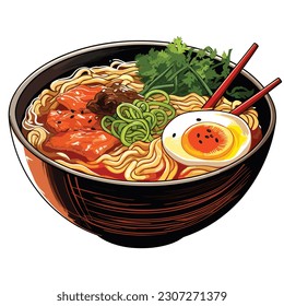 Japanese ramen noodles soup with eggs and meatballs on bowl and chopstick asian meal illustration vector isolated background