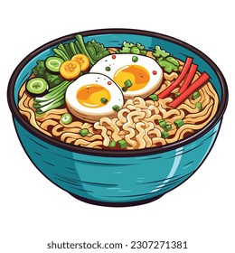 Sopa japonesa de fideos ramen con huevos y albóndigas en el tazón y chopstick ilustración de harina asiática vector fondo aislado