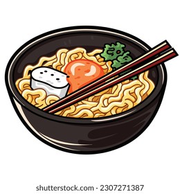 Japanese ramen noodles soup with eggs and meatballs on bowl and chopstick asian meal illustration vector isolated background