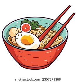 Japanese ramen noodles soup with eggs and meatballs on bowl and chopstick asian meal illustration vector isolated background