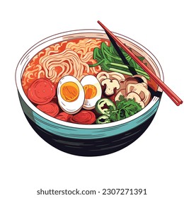 Japanese ramen noodles soup with eggs and meatballs on bowl and chopstick asian meal illustration vector isolated background