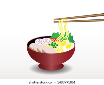 Japanese ramen noodles soup with porks, eggs, chili and chives in bowl, chopsticks holding noodles. Isolated in white background. Side view. Vector Illustration.