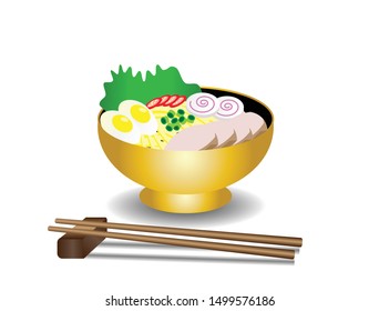 Japanese ramen noodles soup with porks, eggs, chili and chives in bowl, chopsticks  on table. Isolated in white background. Side view. Vector Illustration.