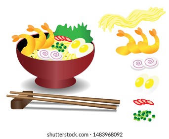 Japanese ramen noodles soup with shrimps, eggs, chili and chives in bowl, chopsticks on table . Display each ingredients on right side. Isolated in white background. Side view. Vector Illustration.