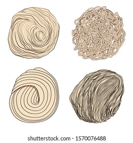 Japanese ramen noodles vector set of four types - round, flat, wavy, rectangular, thin, medium and thick. Stock illustration isolated on white background, sketch in the doodle style of hand drawing.