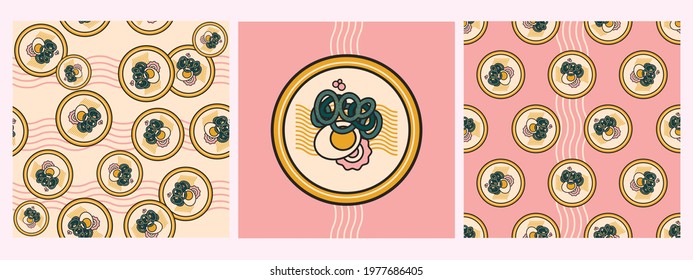 Japanese ramen.  Print, poster and seamless patterns, backgrounds.  Traditional Asian or Japanese, Korean meal with noodles and broth. Cartoon colorful vector illustration