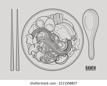 Japanese ramen soup with chicken, noodles, eggs, chopped green onion, spinach and sesame served on a plate with chopsticks and a spoon. Outlane doodle illustration for restaurant menu. Top view.