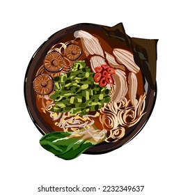 Japanese ramen soup with chicken, noodles, eggs, chopped green onion and mushrooms. Outlane doodle illustration for restaurant menu. Top view. Vector illustration.