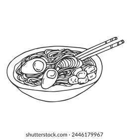 Japanische Ramensuppe mit Huhn, Nudeln, Eiern, gehackten grünen Zwiebeln, Spinat und Sesam auf einem Teller mit Stäbchen und Löffel serviert. Gekritzelte Doodle-Illustration für Restaurantmenü. Draufsicht.