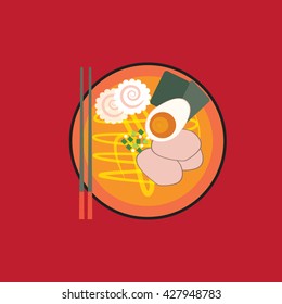Japanese ramen soup with meat , flat design