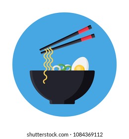 Japanese ramen soup, noodle with boiled egg flat icon with long shadow isolated on blue background. Simple noodles in flat style. Japanese cuisine vector illustration. Bowl of noodles with a pair of c
