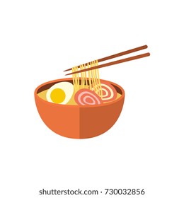 Japanese ramen soup, noodle with boiled egg and pork meat, traditional national food, flat vector illustration isolated on white background. Flat style Japanese ramen, noodle soup and chopsticks