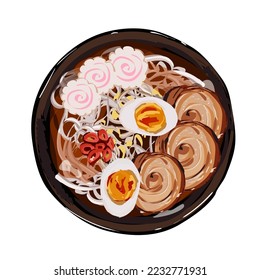 Japanese ramen soup with pork, noodles, eggs, chopped green onion. Illustration for restaurant menu. Top view. Vector illustration.
