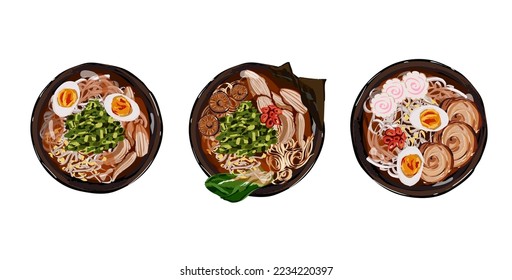 Japanese ramen soup set. Illustration for restaurant menu. Top view. Vector illustration.