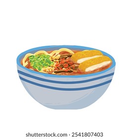 Japanese ramen spicy noodles soup with chicken katsu, leek and meat on bowl asian meal illustration vector isolated background